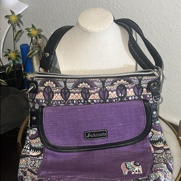 Sakroots Artist Circle Flap Crossbody bag purple canvas elephants - Picture 4 of 9